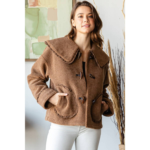 Faux Sherpa Peter Pan Duffle button Jacket: Brown / M