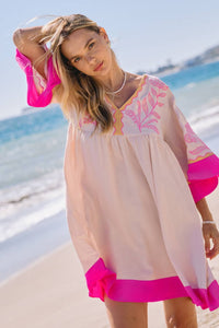 Embroidered Plunge V Neck Mini Dress: Hotpink Combo