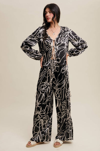 Bold Floral Print Satin Shirt Set