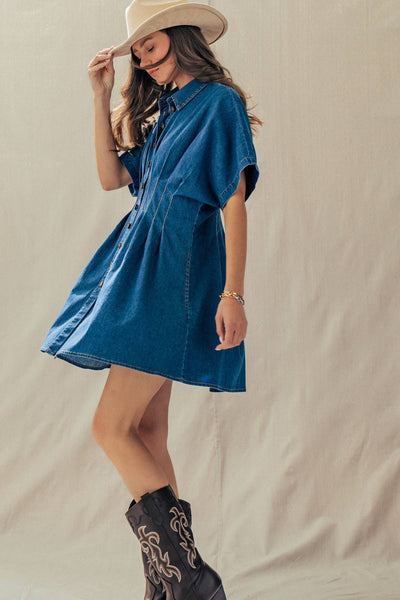 Tailored Waist Short Sleeve Denim Shirtdress: DENIM BLUE / S-M-L:2-2-2