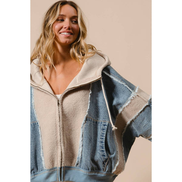 WASHED AND FLEECE MIX AND MATCH ZIP UP HOODIE: DENIM/IVORY