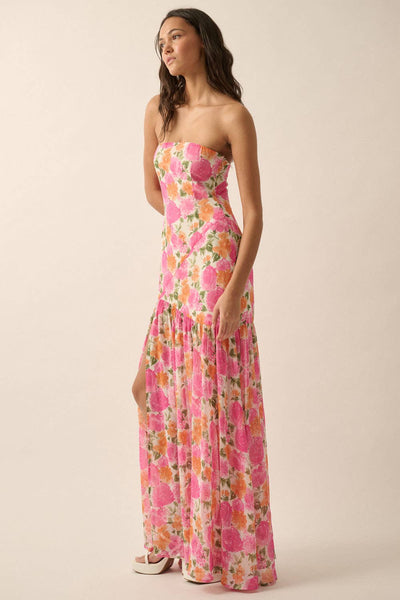Strapless Asymmetric-Seam Floral Woven Maxi Dress: Off White-Pink