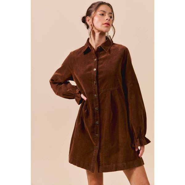 WASHED CORDUROY BUTTON DOWN SHIRT MINI DRESS: BROWN