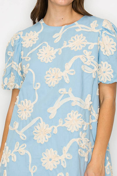 Baby Blue with White Rosette Detail Mini Dress: