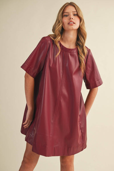 FLARED SHORT SLEEVE SWING MINI DRESS WINE