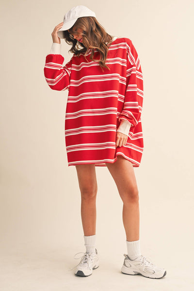 STRIPED LOVE SLEEVE OVERSIZED SWEATSHIRT DRESS: Red