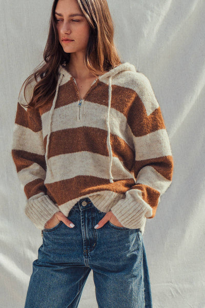 Striped Knit Hoodie – Half Zip, Relaxed Fit: IVORY CAMEL