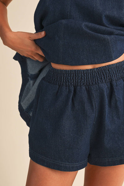 IST6095 DENIM LONGLINE SLEEVELESS TOP AND SHORTS SET: LT DENIM / L