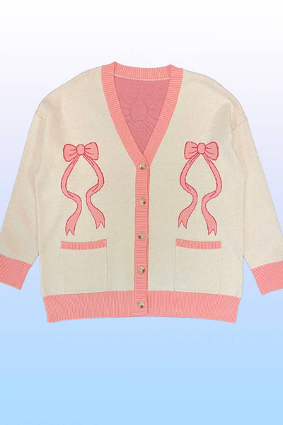 Varsity knit bow cardigan: Pink multi