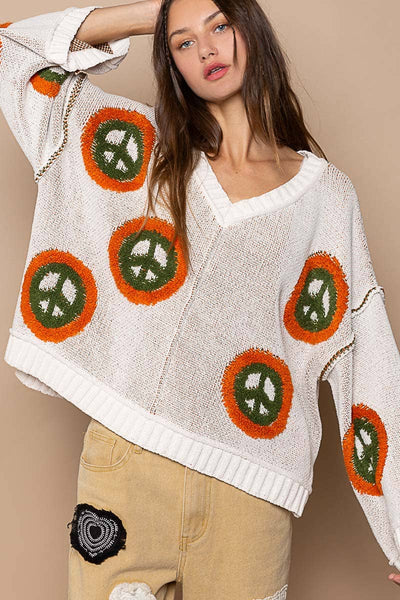 V neck long sleeve peace berber print sweater