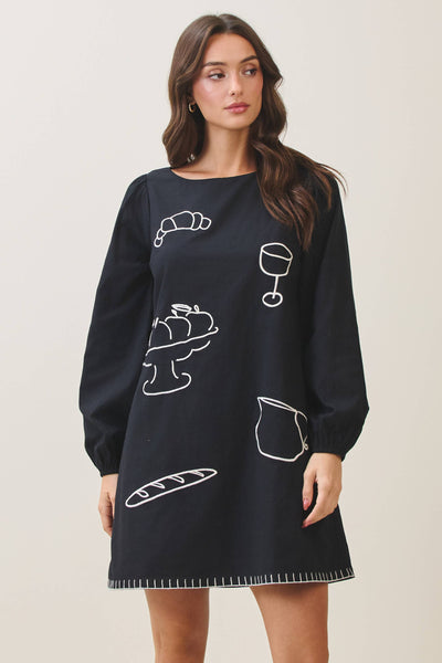 Embroidered cotton mini dress: Black