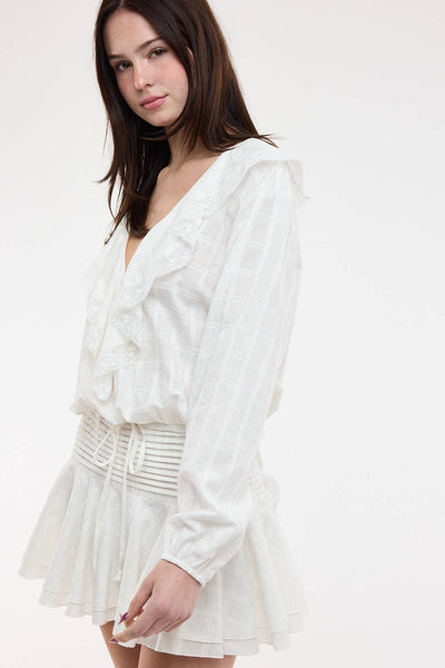 CHECKED PATTERN WIDE COLLAR FRILL LACE MINI DRESS: WHITE