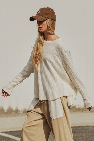 Oversized Waffle Knit High-Low Tunic Top: IVORY / S-M-L:2-2-2