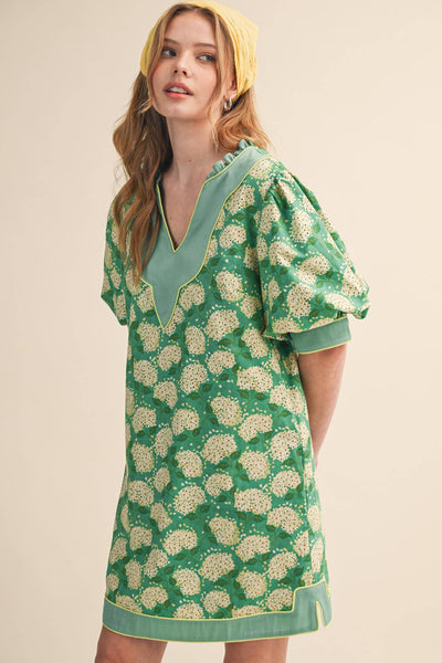 FLORAL PRINT PUFF SLEEVE A-LINE MINI DRESS MDR4855: SAGE GREEN FLORAL / S