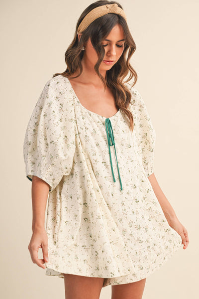 FLORAL SWISS DOT OVERSIZED PUFF SLEEVE ROMPER: CREAM/MINT