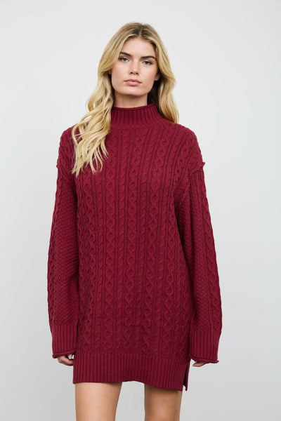 CABLE KNIT MOCK NECK MINI SWEATER DRESS: CHOCOLATE BROWN