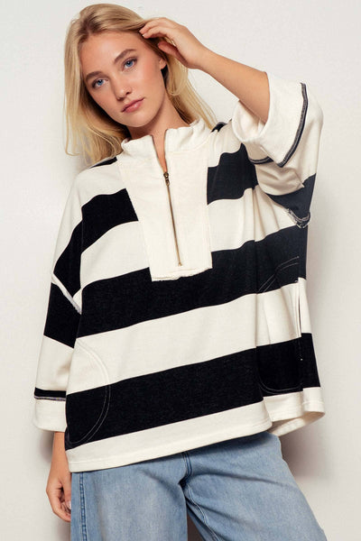 Oversized Half Zip Bold Stripe Statement Pullover Sweatshirt: CREAM BLACK