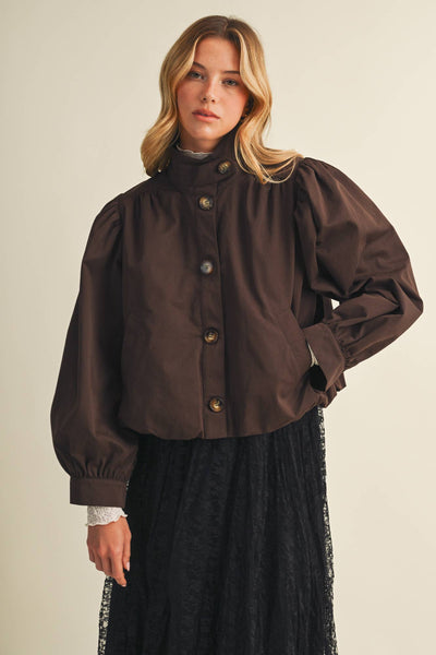 Funnel-Neck Puff-Sleeve Blouson Jacket: DK.BEIGE / L