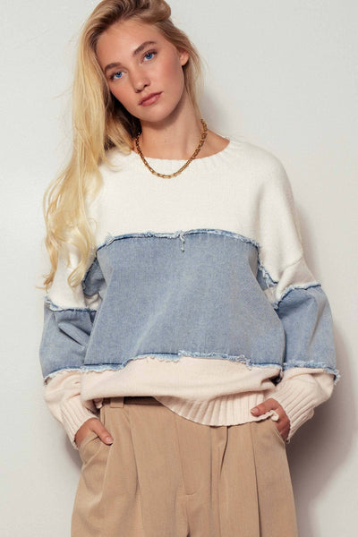 Colorblock Denim Patchwork Casual Top: Ivory