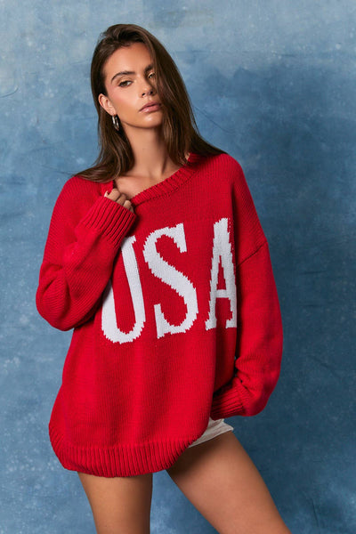 ROUND NECK OVERSIZED SWEATER TOP: RED-BABY BLUE / L