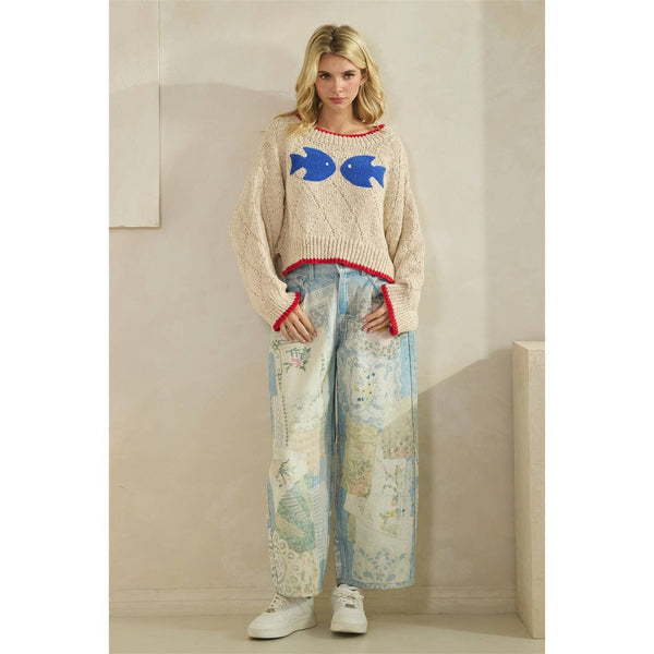 Printed Knitted Sweater: Ivory