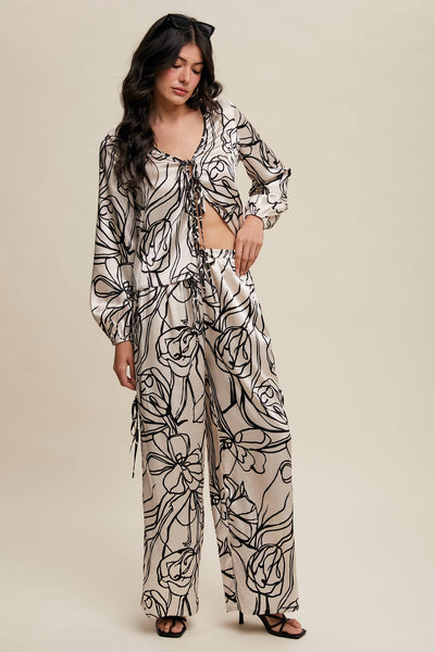 Bold Floral Print Satin Pants