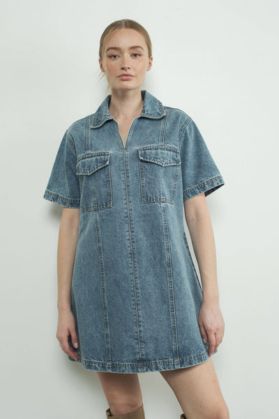 DENIM PULL ON COLLAR MINI DRESS: MEDIUM WASH