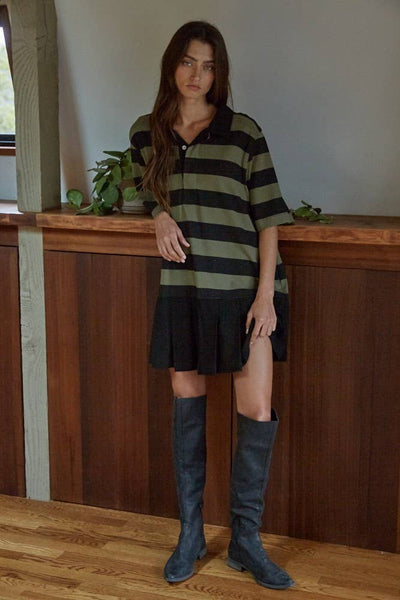Knit Cotton Striped Collared Contrast Pleats Mini: Olive Black