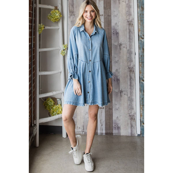 Overfit Button Down Denim Shirt Dress: Black