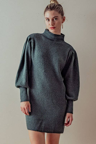 Balloon Sleeve Mock Neck Sweater Dress: HUNTER GREEN / S-2/M-2/L-2