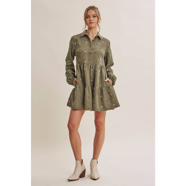MEADOW MARKET ARTISAN DAISY EMBROIDERED CORDUROY MINI DRESS: OLIVE