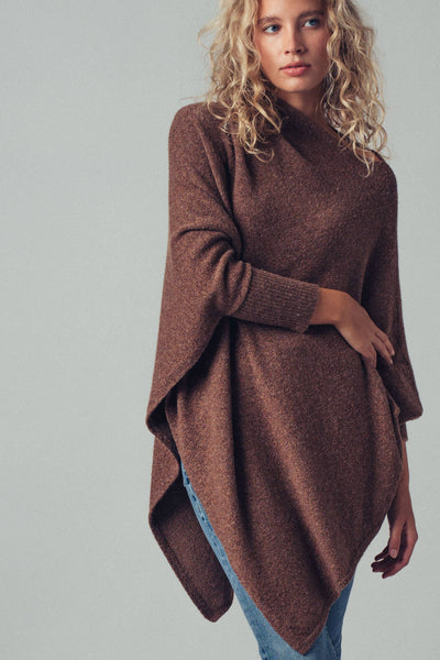 Shimmer Asymmetric Hem Knit Poncho: Brown