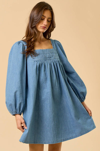 Long Sleeve Puff Sleeve Denim Dress