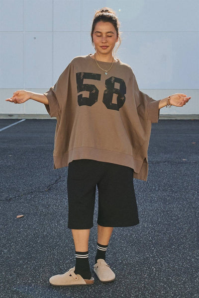 Retro Graphic Oversized French Terry Top: Brown / ONE SIZE