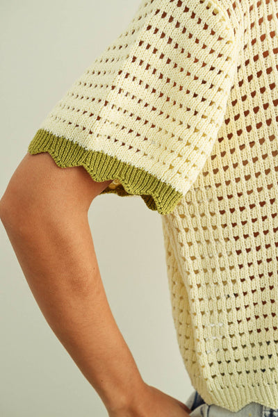 SCALLOPED DETAIL KNITTED TOP: CREAM/SAGE