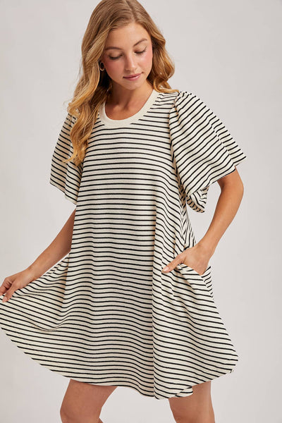 PUFF SLEEVES BILLOWY SILHOUETTE STRIPED DRESS: IVORY