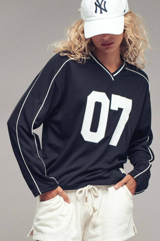 Varsity 07 Graphic V-Neck Jersey Top: Navy