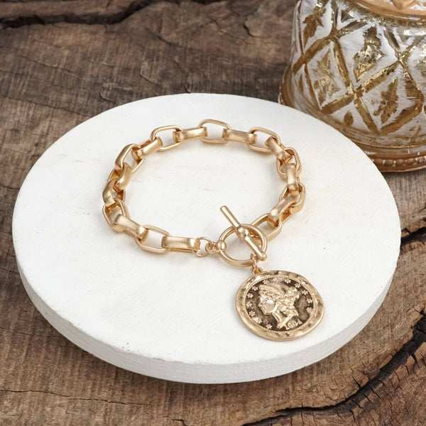 Urban Token – Cable Chain Toggle Bracelet with Coin Charm: Worn Silver Tone