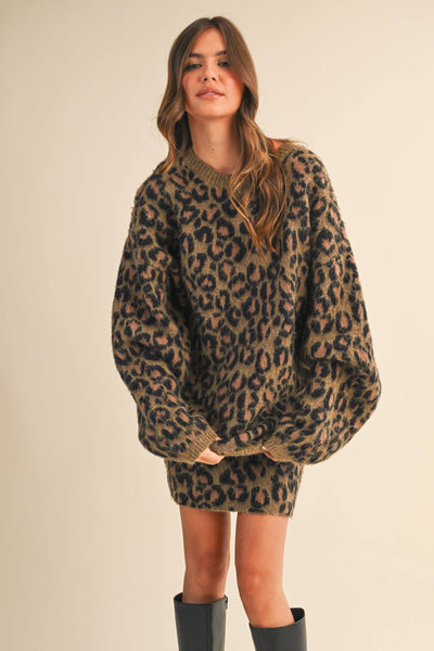 ANIMAL PRINTED OVERSIZED SWEATER TOP AND SKIRT SET: ANIMAL