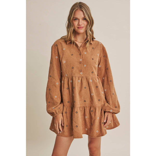 MEADOW MARKET ARTISAN DAISY EMBROIDERED CORDUROY MINI DRESS: OLIVE