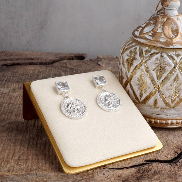Starlit Relics – Coin & Crystal Drop Earrings: Worn Silver Tone