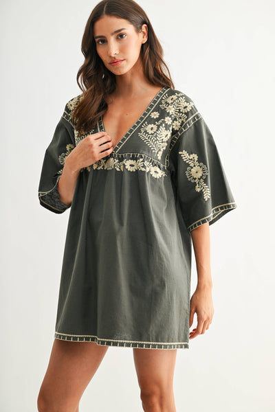 Embroidered Shift Dress with Deep V-Neckline: FOREST GREEN