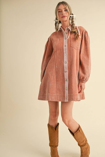 WASHED DENIM BUTTON DOWN FLARED MINI DRESS: Terra Cotta