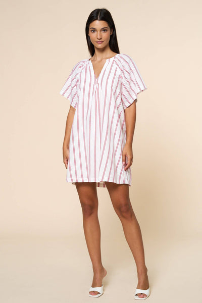 Striped Deep V-Neck Dress: WHITE