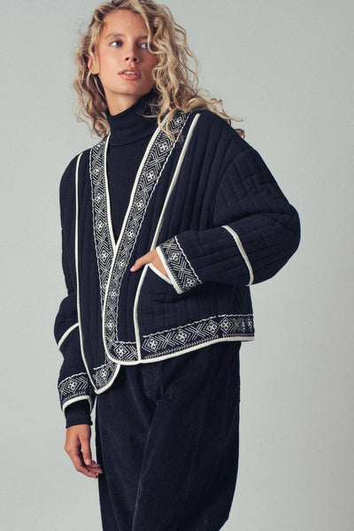 Boho Embroidered Quilted Western Cropped Jacket: BLACK IVORY / S-2/M-2/L-2