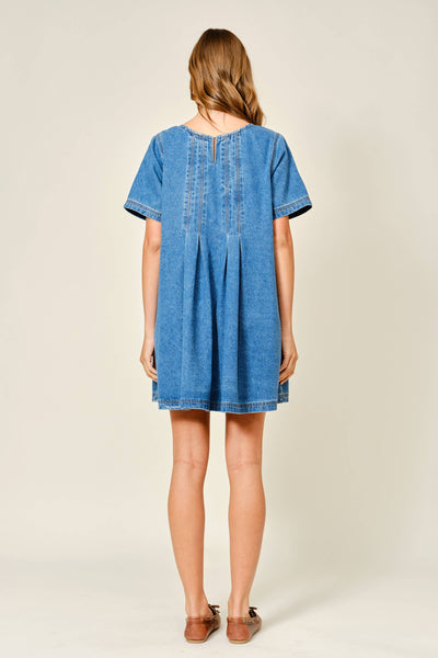 AJD5606 SHORT SLEEVE PLEATED A LINE DENIM DRESS: DENIM / S