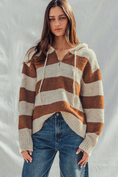 Striped Knit Hoodie – Half Zip, Relaxed Fit: IVORY CAMEL