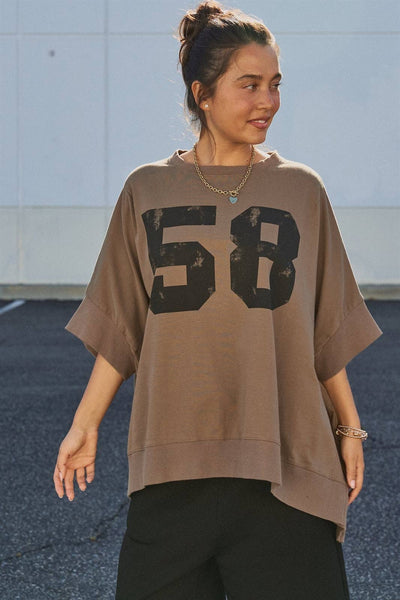 Retro Graphic Oversized French Terry Top: Brown / ONE SIZE