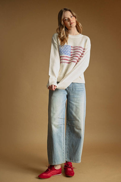AMERICAN FLAG ROUND NECK SWEATER TOP: BEIGE