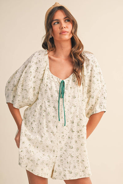 FLORAL SWISS DOT OVERSIZED PUFF SLEEVE ROMPER: CREAM/MINT